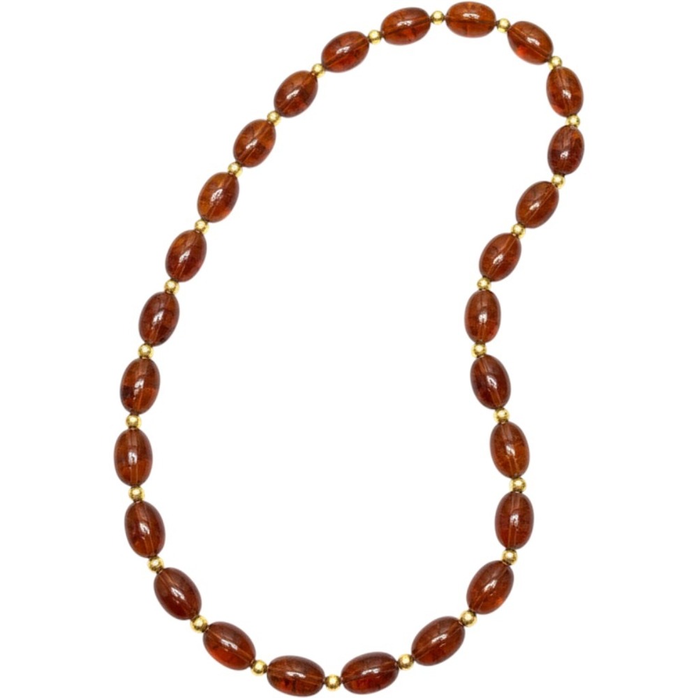 VTG Cognac Amber Resin Barrel Bead Necklace Brass Spacers MCM